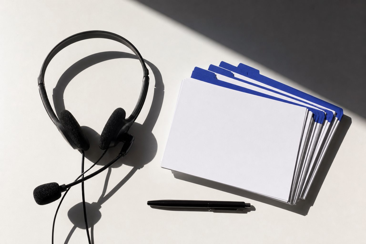 A phone headset on a white desk beside index cards with indigo tab dividers and a black pen