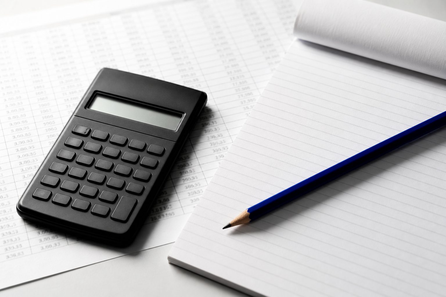A black calculator and ruled notepad on a bright desk with an indigo pencil laid across them