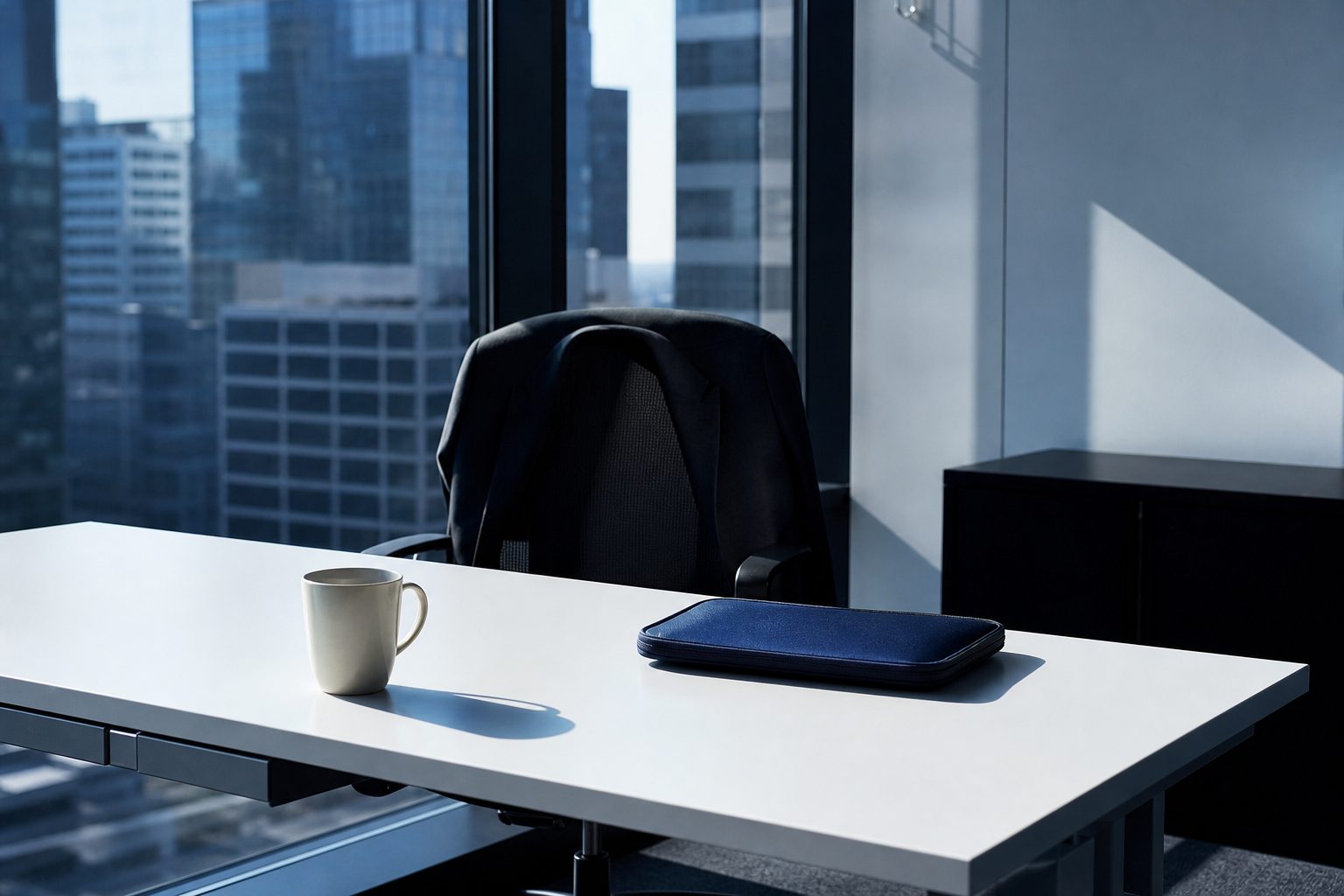 An empty executive hot desk with a jacket on the chair and an indigo laptop sleeve