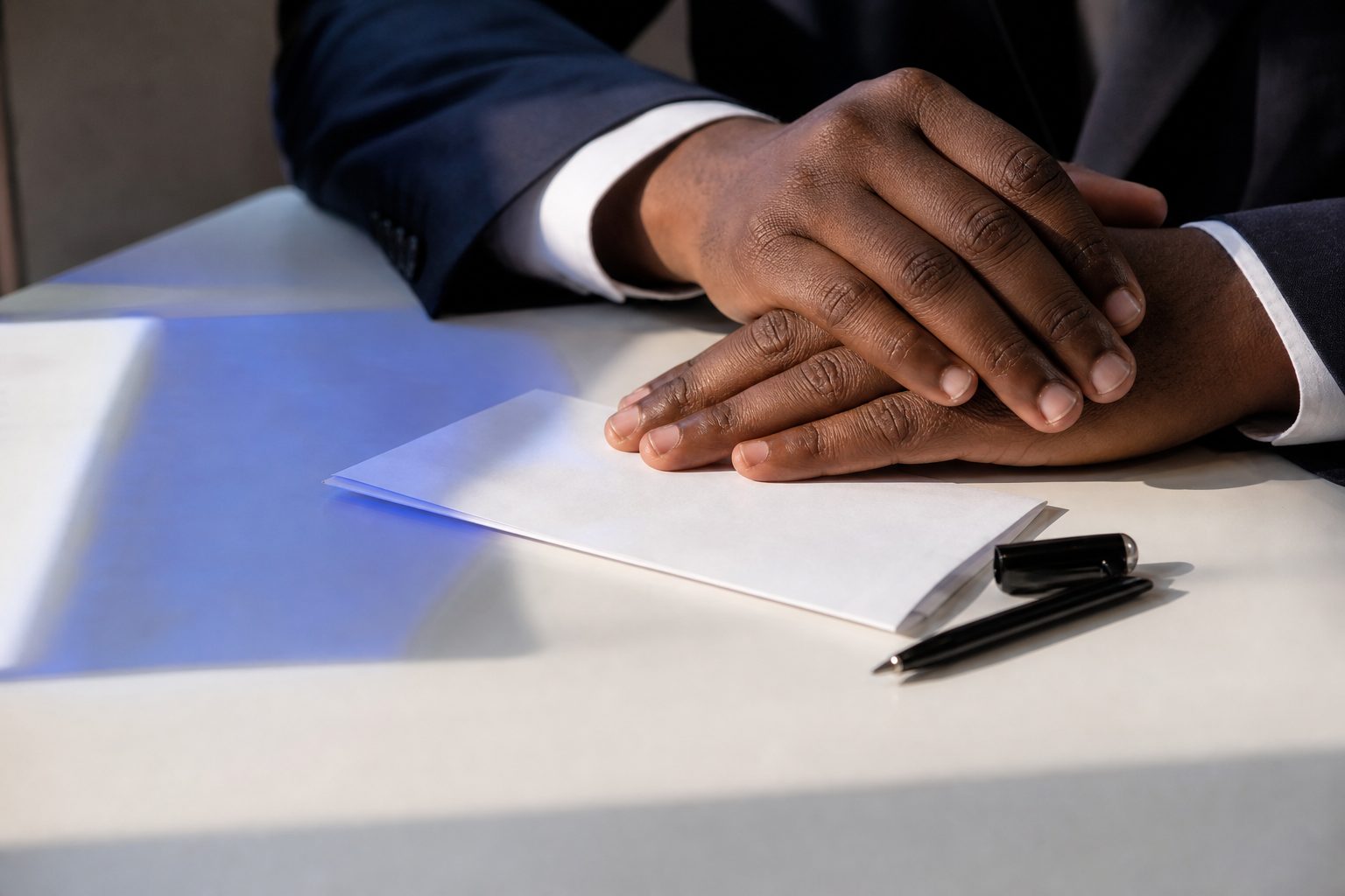 Hands over a folded offer letter and an uncapped pen on a white table in hard afternoon light