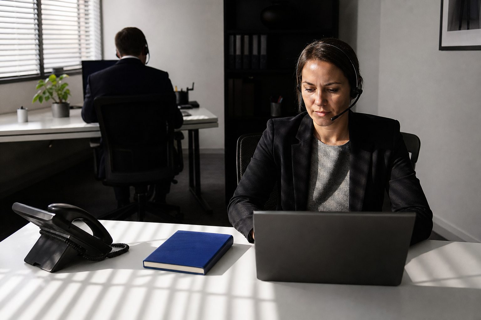 A recruiter in a headset at a white desk in a small search office with an indigo notebook nearby