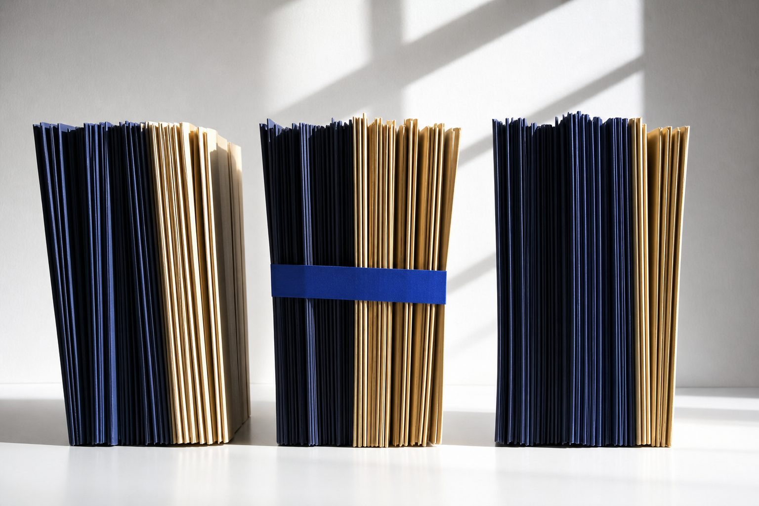 Three stacks of file folders on a white table, the middle stack banded in electric indigo