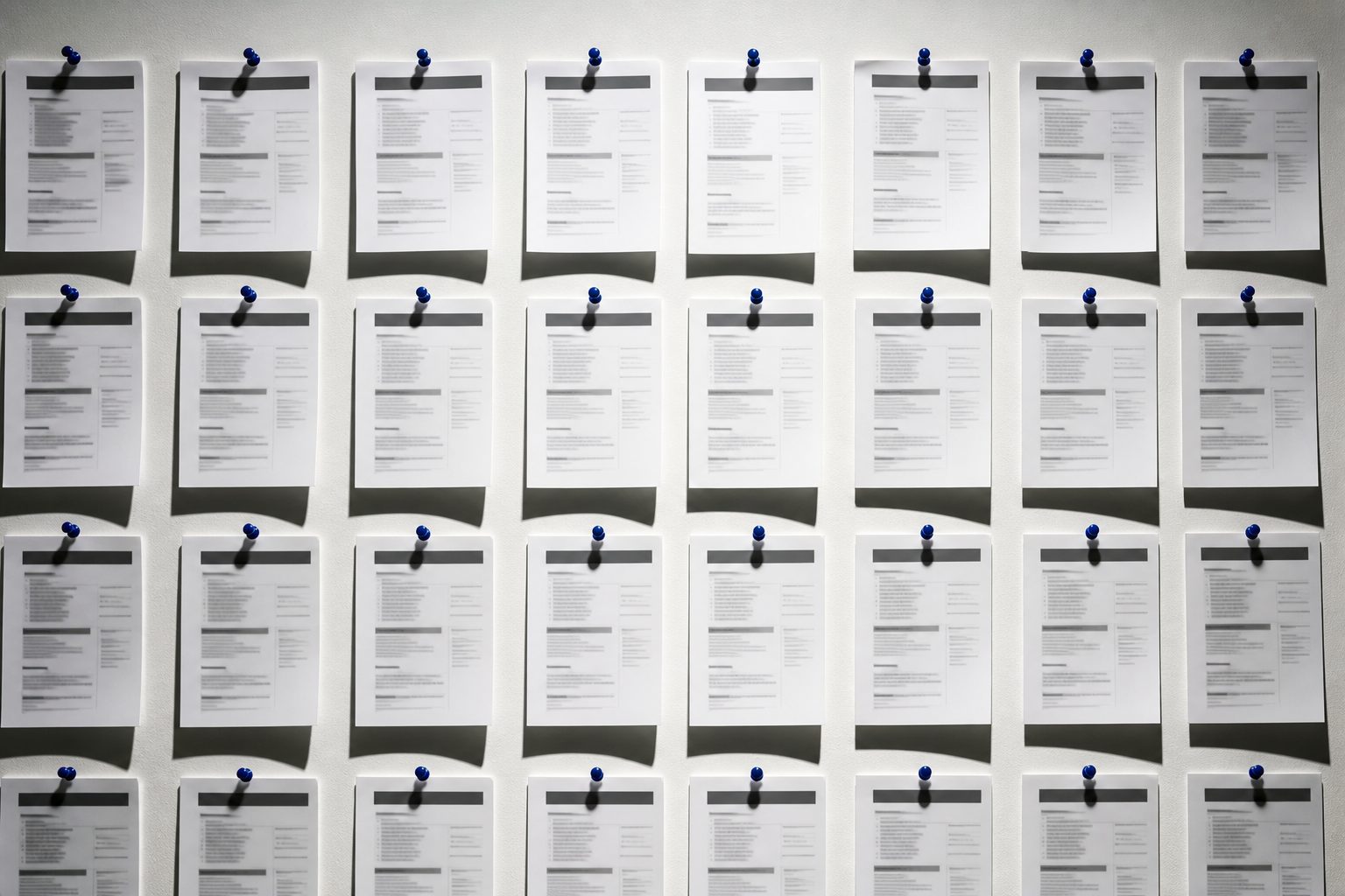 Job advertisement sheets pinned in a grid on a white wall with electric indigo pushpins