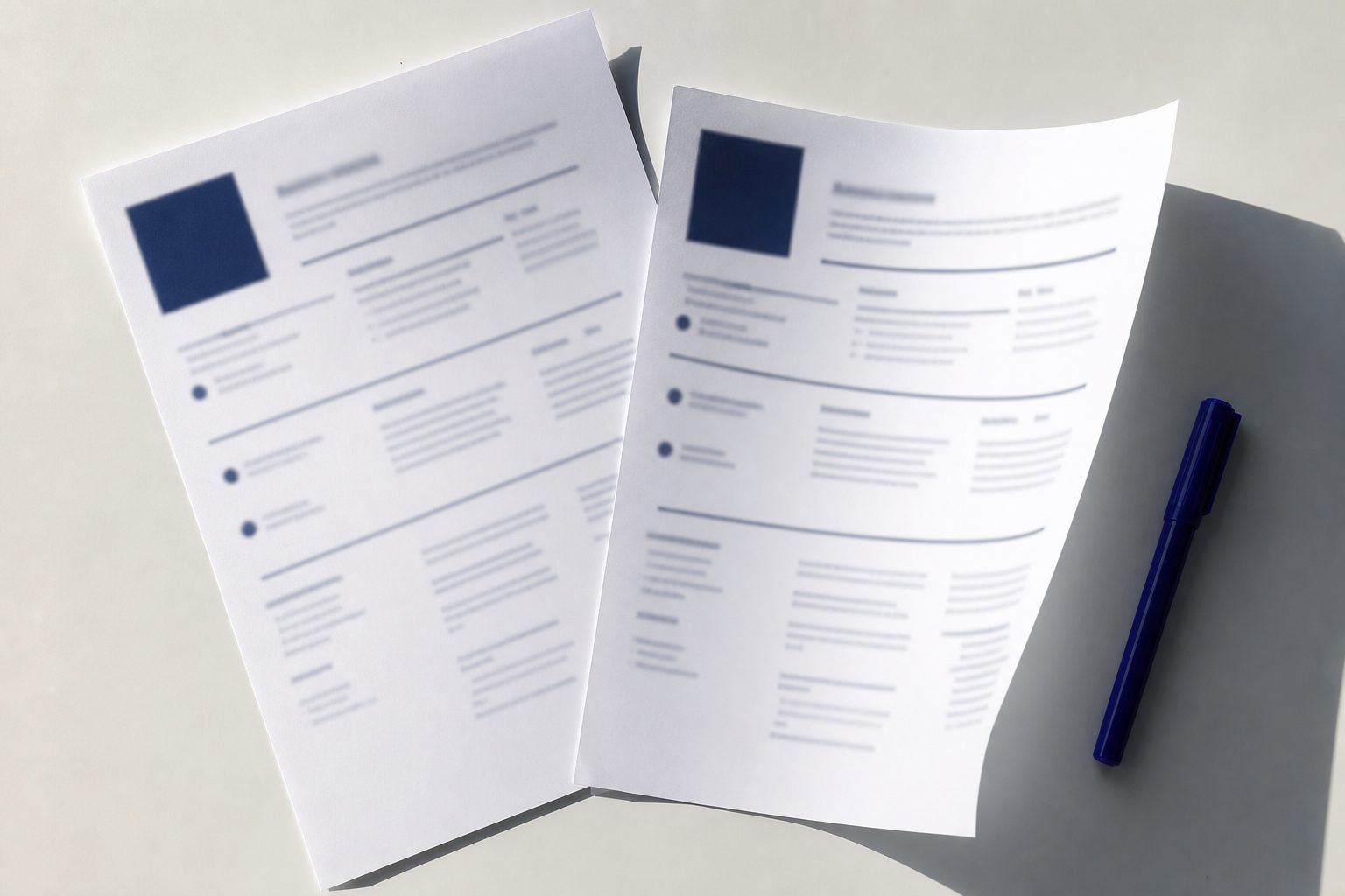 Two overlapping resume pages on a white desk with an indigo marker beside them under hard shadow