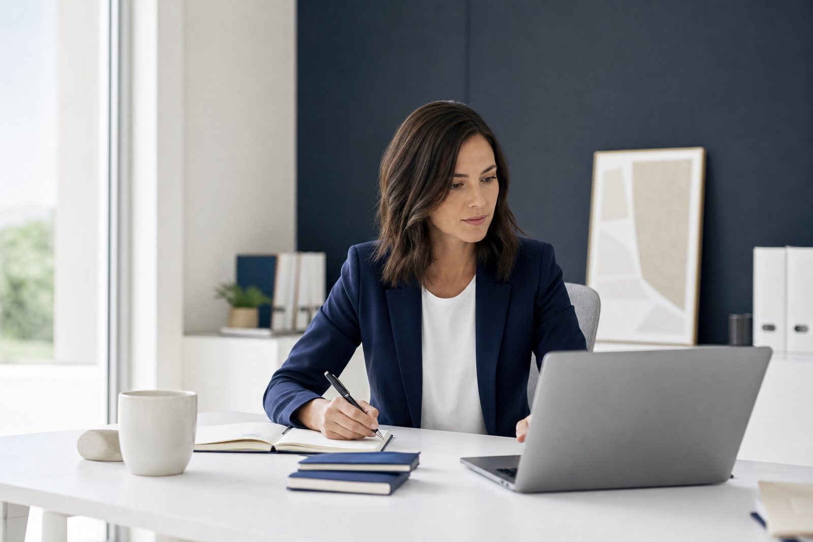 Boutique recruiter reviewing candidate profiles on a laptop with a notebook open beside it in a bright office
